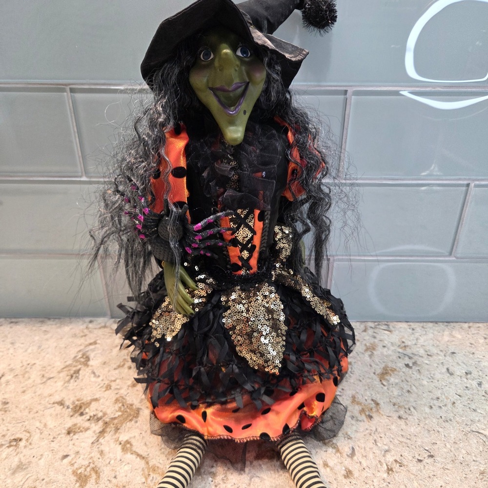 Halloween Shelf Sitter Witch Doll 30" Green Face Sequin Tulle Dress Spider - Picture 4 of 14